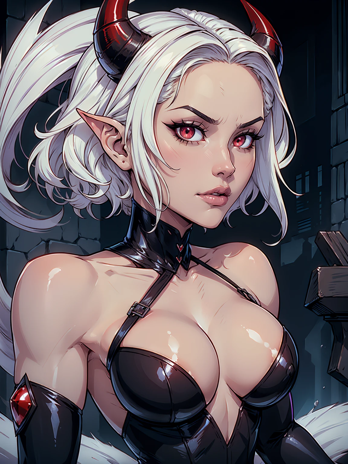 photo(portrait, from the front, close up, facing camera) of a woman(solo, succubus, short hair, wavy hair, white hair, pale skin, executioner, small nose, red eyes, cruel face, black horns, sadistic, violent, evil, perverted, grim, cold), hentai game, anime, best quality, masterpiece, maximum detail, high resolution