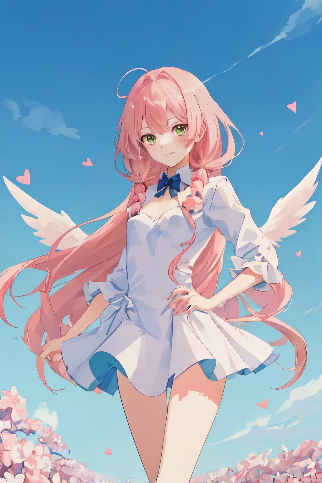 1_girl, (anime, kawai:2), (masterpeice, best_quality, clean:1.5), (sky_background:1.2), (cute, cute_smile, wholesome, young:1.8), (delicate, extremely_delicate, beautiful, thin:1.5), (girlfriend, angel:1.8), (green_eyes, simple_eyes:1.8) (long_hair, blond_hair, wearing_pink_dress, pink_angel_wings:1.5), extremely_delicate, (love_magic:1.5), (age_size_fits_body), (small_thighs:1.3), (breasts), (eye_level:1.3), (heart_magic, love:1.5), (folded_legs:1.5), (combat:1.2)