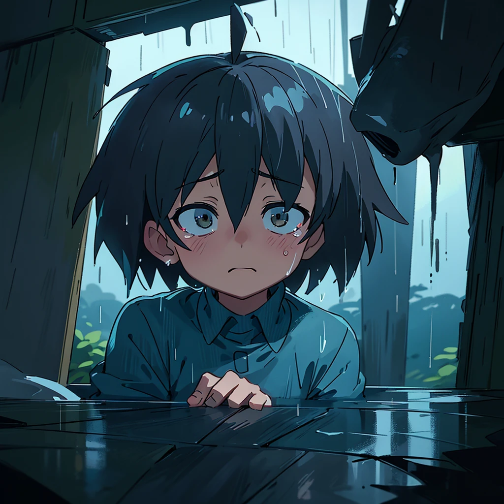 anime, a boy sitting on a ledge in the rain, Tears in the rain, and sad, sad and lonely, emotional image, like tears in the rain at the time of dying, what depression looks like, dark illustration, under the rain, dark faceless people, sad, gloomy and depressed lighting, rainy weather, emotional concept art, he is sad, sadness personified