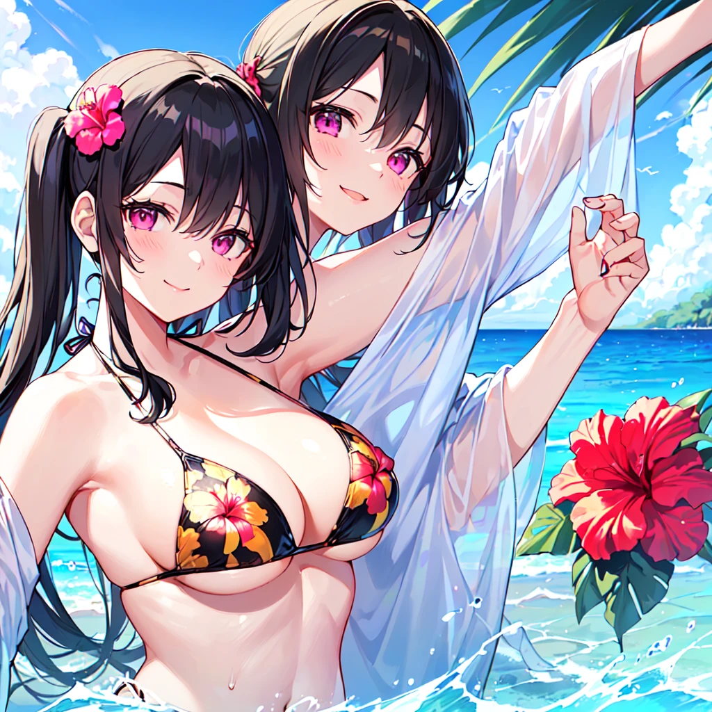 masterpiece, best quality, high quality, extremely detailed, very delicate and beautiful, (1 female 18 years old solo:1.5), (long black hair up to waist with two side up:1.5), bangs to eyebrows, eyes (eyes sharp, strong glossy glossy eyes, eyebrows glossy, (eye color magenta:1.3), 6.5 head height, (bikini swimsuit with hibiscus print:1.3), (sleeping and floating in the sea), (smiling), (dynamic pose), (background tropical sea:1.3), (blue sky:1.3), (upper body:1.3)