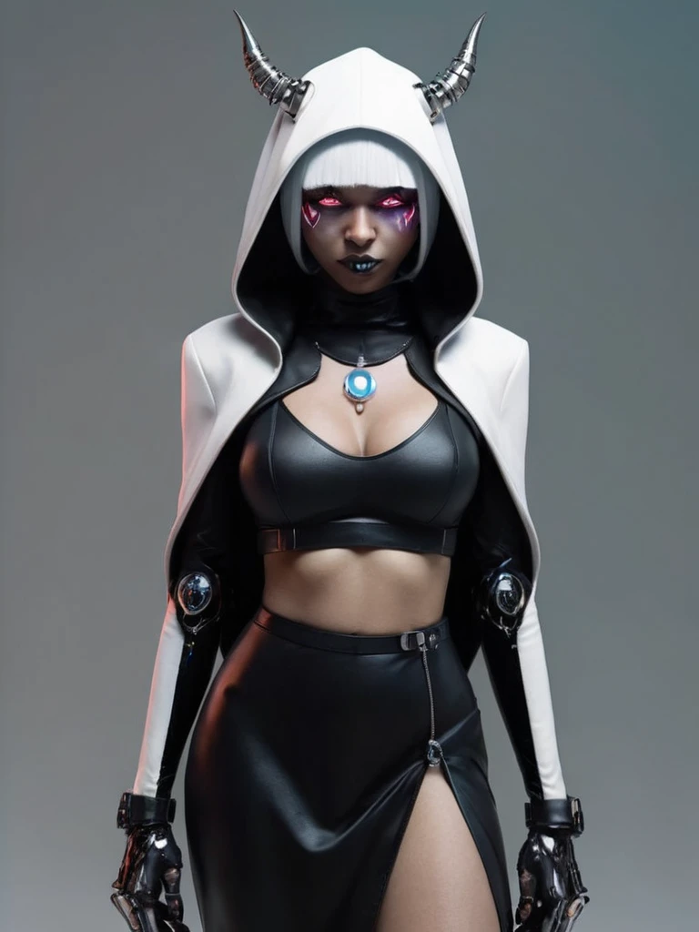 ral-opal, meahophontron, full body, woman cyberpunk face, devil nun, negro, looking at camera, body nun clothes 