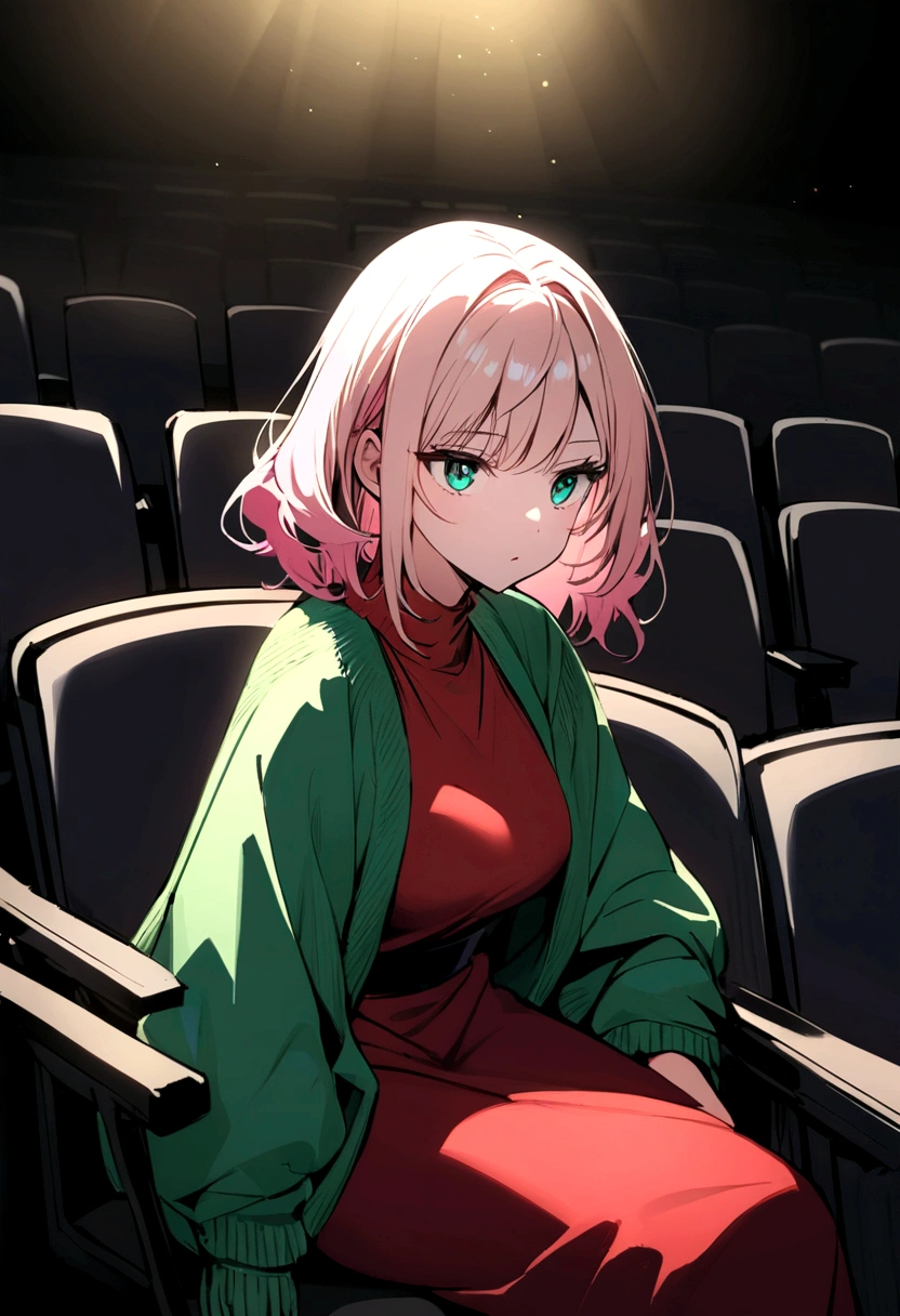 marvel comic white girl , white and pink hair , blue eyes dressed in a red dress and a white boy , blond hair , green eyes dressed in a green sweater and black pants sitting in the auditorium with two with syringes behind the chairs