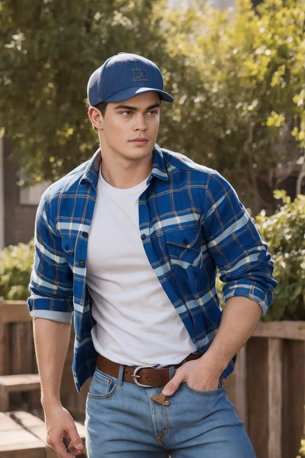 Nicholas Galitzine, ((masterpiece)), ((best quality:1.2)), High Resolution, 8k, male focus, (ultra_realistic:1.3), (photorealistic:1.4), Grayson Dolan, ((masterpiece)), ((best quality:1.2)), realistic, muscular, manly, ((wearing a fitted blue flannel shirt:1.3)), ((with (two buttons undone):1.4)), (he is wearing denim jeans), with belt:1.4), (bulge in pants), outdoors, looking at viewer, HDR, 8K, absurdres, perfect, intricate detail, cinematic, depth of field, raw photography, hazel eyes, styled blonde hair, solo, 1boy,