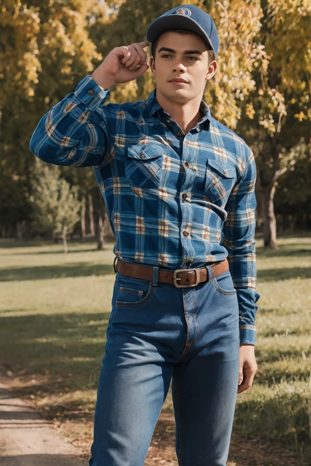 Nicholas Galitzine, ((masterpiece)), ((best quality:1.2)), High Resolution, 8k, male focus, (ultra_realistic:1.3), (photorealistic:1.4), Grayson Dolan, ((masterpiece)), ((best quality:1.2)), realistic, muscular, manly, ((wearing a fitted blue flannel shirt:1.3)), ((with (two buttons undone):1.4)), (he is wearing denim jeans), with belt:1.4), (bulge in pants), outdoors, looking at viewer, HDR, 8K, absurdres, perfect, intricate detail, cinematic, depth of field, raw photography, hazel eyes, styled blonde hair, solo, 1boy,