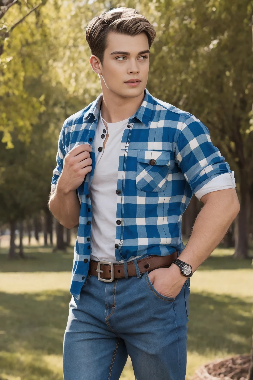 Nicholas Galitzine, ((masterpiece)), ((best quality:1.2)), High Resolution, 8k, male focus, (ultra_realistic:1.3), (photorealistic:1.4), Grayson Dolan, ((masterpiece)), ((best quality:1.2)), realistic, muscular, manly, ((wearing a fitted blue flannel shirt:1.3)), ((with (two buttons undone):1.4)), (he is wearing denim jeans), with belt:1.4), (bulge in pants), outdoors, looking at viewer, HDR, 8K, absurdres, perfect, intricate detail, cinematic, depth of field, raw photography, hazel eyes, styled blonde hair, solo, 1boy,