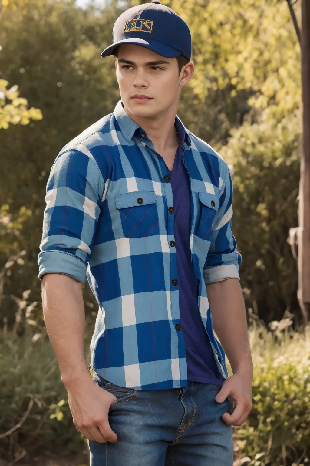 Nicholas Galitzine, ((masterpiece)), ((best quality:1.2)), High Resolution, 8k, male focus, (ultra_realistic:1.3), (photorealistic:1.4), Grayson Dolan, ((masterpiece)), ((best quality:1.2)), realistic, muscular, manly, ((wearing a fitted blue flannel shirt:1.3)), ((with (two buttons undone):1.4)), (he is wearing denim jeans), with belt:1.4), (bulge in pants), outdoors, looking at viewer, HDR, 8K, absurdres, perfect, intricate detail, cinematic, depth of field, raw photography, hazel eyes, styled blonde hair, solo, 1boy,
