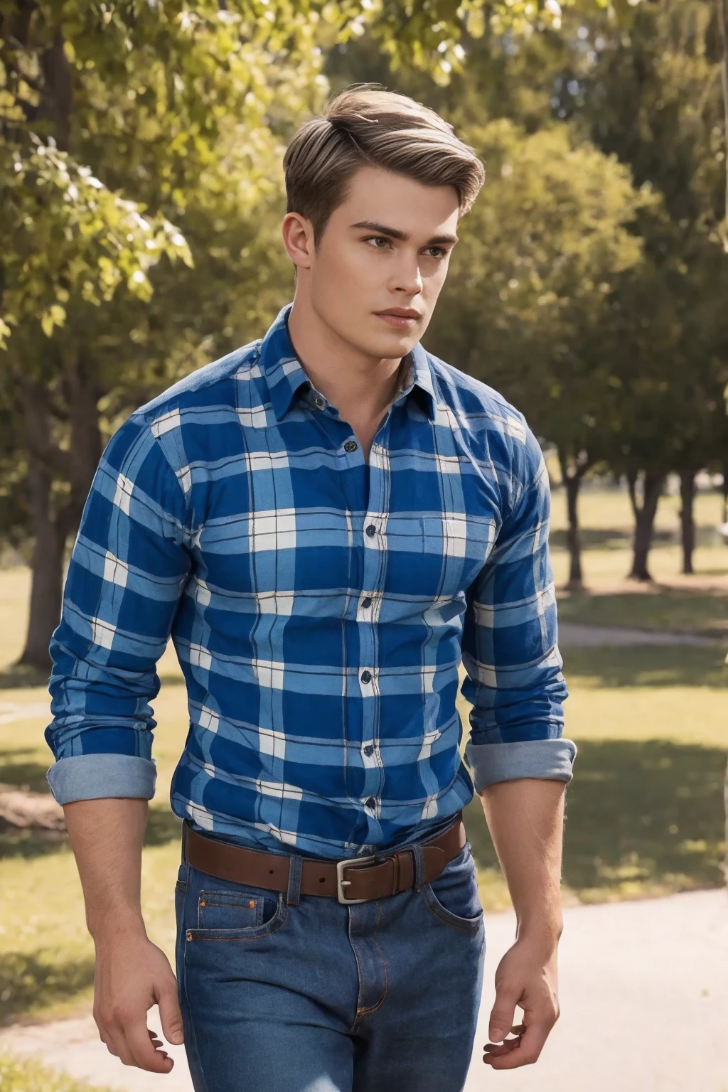 Nicholas Galitzine, ((masterpiece)), ((best quality:1.2)), High Resolution, 8k, male focus, (ultra_realistic:1.3), (photorealistic:1.4), Grayson Dolan, ((masterpiece)), ((best quality:1.2)), realistic, muscular, manly, ((wearing a fitted blue flannel shirt:1.3)), ((with (two buttons undone):1.4)), (he is wearing denim jeans), with belt:1.4), (bulge in pants), outdoors, looking at viewer, HDR, 8K, absurdres, perfect, intricate detail, cinematic, depth of field, raw photography, hazel eyes, styled blonde hair, solo, 1boy,