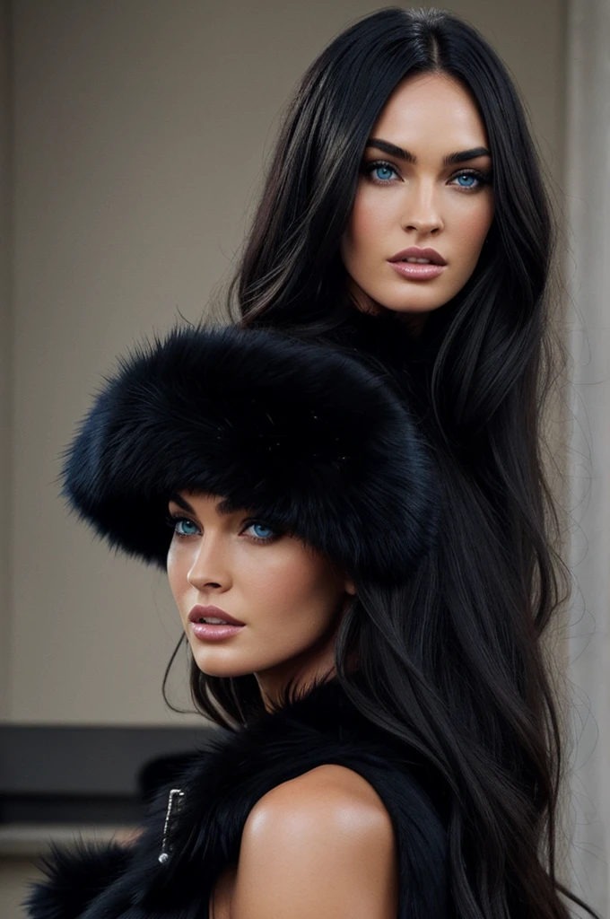 Make a woman with blue eyes, black fur, high, with a black dress and who looks like Megan Fox