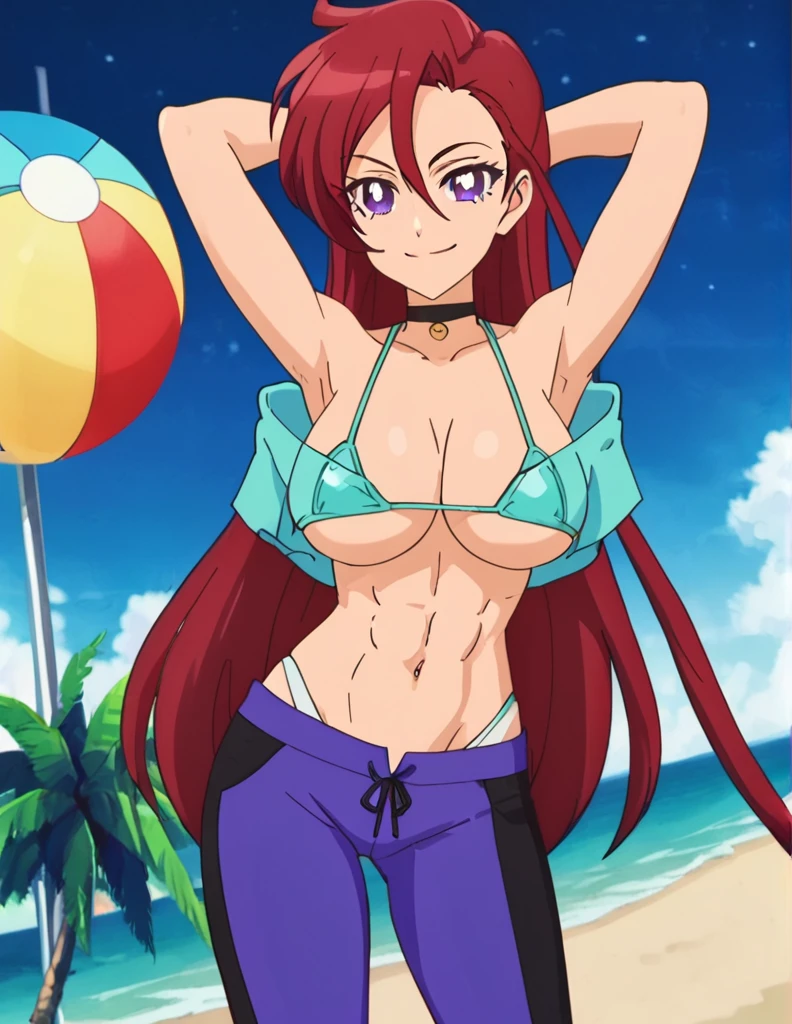 Takizawa Asuka, best quality, red hair, very long hair, hair between eyes, purple eyes, purple pants, capri pants, black choker, off shoulder, high quality, solo, night sky, beach, arms behind head, contrapposto, closed mouth, spread armpits, (cowboy shot:1.5), looking at viewer, smile, best quality, anime coloring, anime screencap, big breast, underboob, abs, red micro-bikini, bare feet