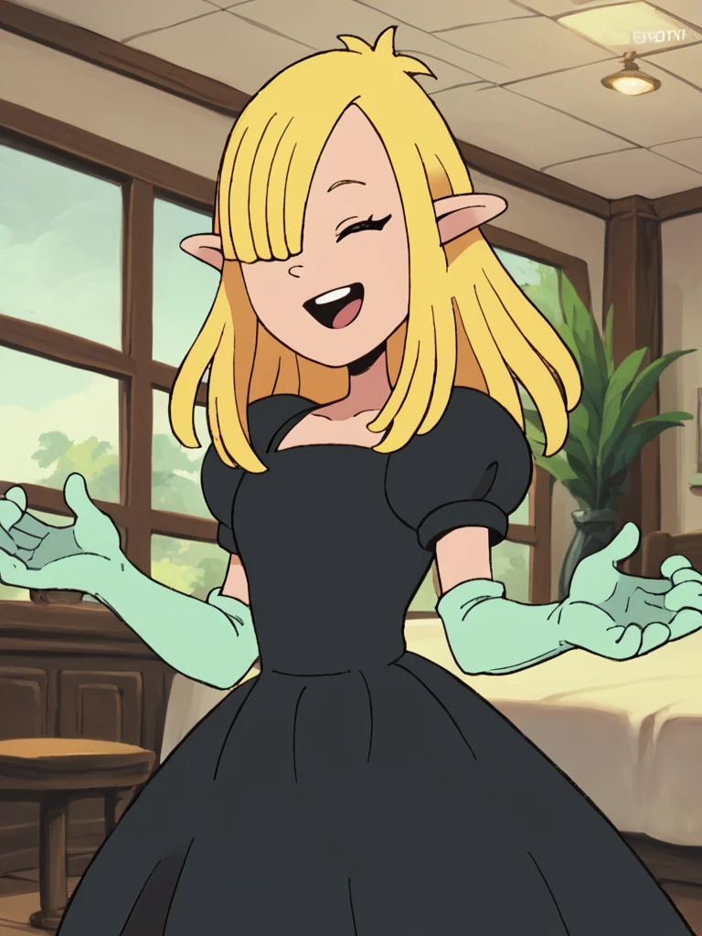 NickyP, 1girl, blonde hair, solo, pointy ears, open mouth, hair over one eye, closed eyes, indoors, long hair, short sleeves, puffy sleeves, black dress, elbow_gloves smile,looking at viewer, score_9, score_8_up, score_7_up, score_6_up,toon \(style\), zPDXLxxx,