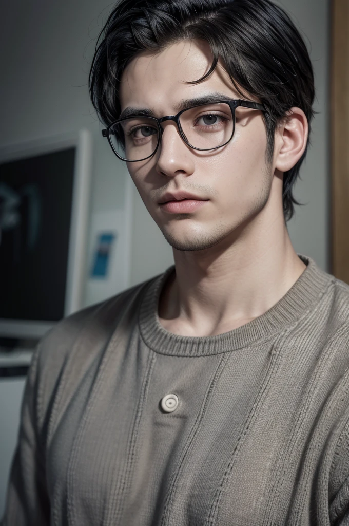 Absurd resolution, high resolution, (work of art: 1.4), hiper-detalhe, young man with black hair and realistic glasses, very technological