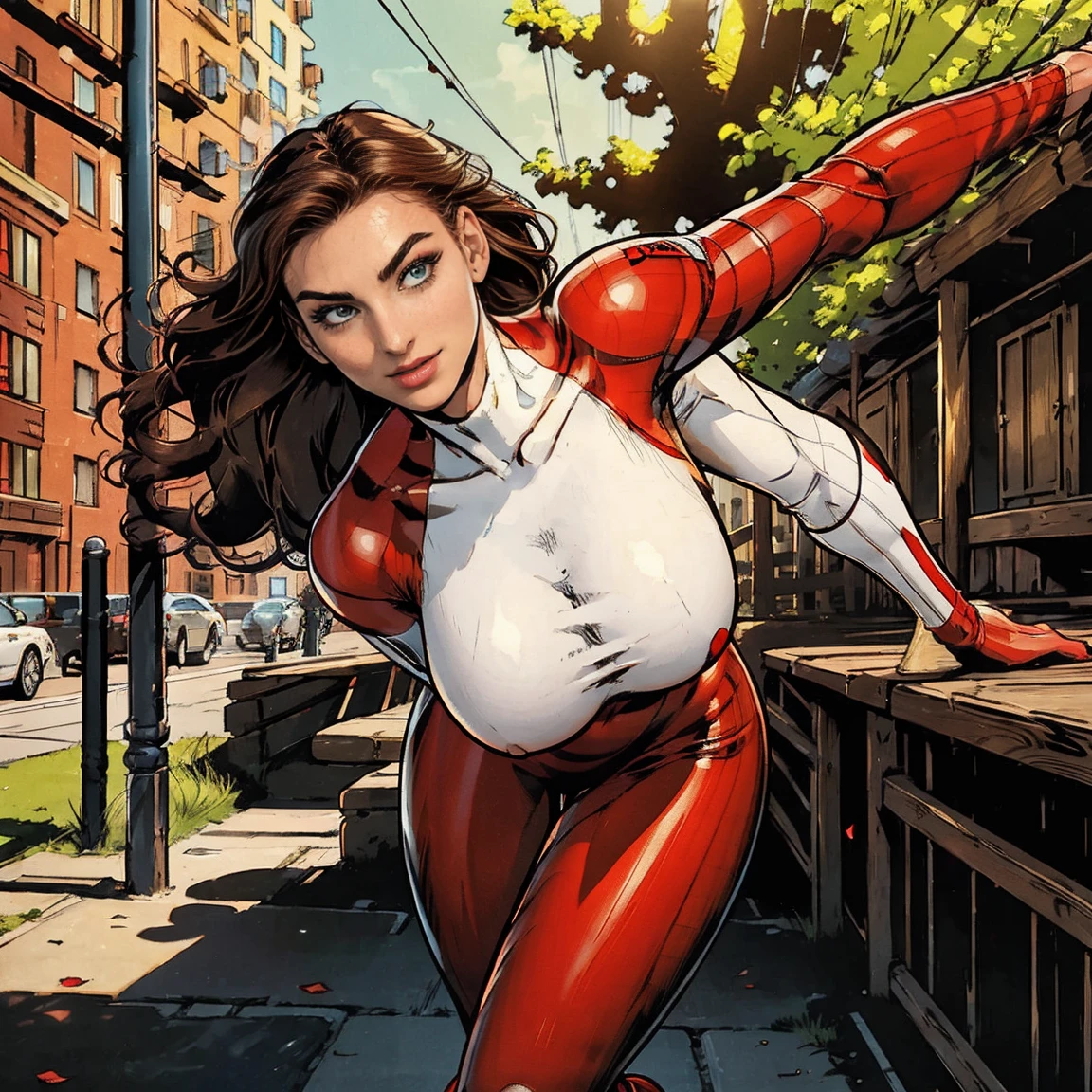 (masterpiece, top quality, best quality, official art, beautiful and aesthetic:1.2), (1girl:1.3), brown hair, braid, extremely detailed, portrait, looking at viewer, solo, (full body:0.6), detailed background, close up, mischievous eyes, (warm city superhero theme:1.1), (((reaching out, incredibly long arm, rubber arm, stretched arm))), pleasant smile, brunette, aquiline nose, green eyes, braid, ((gigantic breasts)), (thin), athletic, superhero. Wearing a sleek, satin (high-neck) (sleek white and red striped bodysuit), ((red sleeve stripes, red leg stripes)), (white sides, red center), modest, fully-covered, long red gloves, long red boots, slim waist, slim hips, long legs, modern (city street exterior:1.1) detailed background, bright optimistic lighting, shadows, magical atmosphere, dutch angle