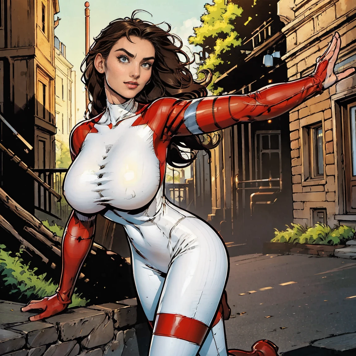 (masterpiece, top quality, best quality, official art, beautiful and aesthetic:1.2), (1girl:1.3), brown hair, braid, extremely detailed, portrait, looking at viewer, solo, (full body:0.6), detailed background, close up, mischievous eyes, (warm city superhero theme:1.1), (((reaching out, incredibly long arm, rubber arm, stretched arm))), pleasant smile, brunette, aquiline nose, green eyes, braid, ((gigantic breasts)), (thin), athletic, superhero. Wearing a sleek, satin (high-neck) (sleek white and red striped bodysuit), ((red sleeve stripes, red leg stripes)), (white sides, red center), modest, fully-covered, long red gloves, long red boots, slim waist, slim hips, long legs, modern (city street exterior:1.1) detailed background, bright optimistic lighting, shadows, magical atmosphere, dutch angle