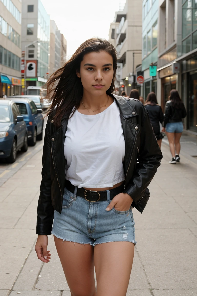 A young woman wearing a black leather jacket, use brown belt, white t-shirt and blue shorts walks down a city street.she has breasts. She is the main focus of the image, with her outfit and appearance standing out against the urban backdrop. The street is busy, as there are several other people walking around, some carrying handbags or backpacks. A traffic light can be seen in the background, further emphasizing the urban setting.