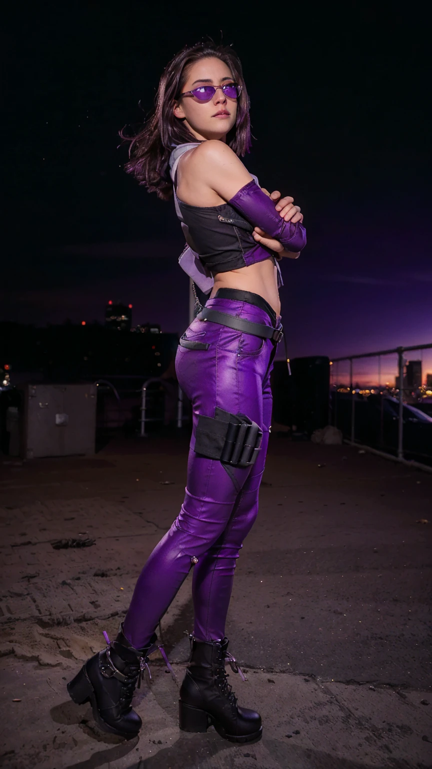 (masterpiece), (photorealistic1.4), (1 girl), (solo), (best quality), (epiCRealLife), (Kate Bishop long hair), (sleeveless top), (kateb2023 black utility belt), (kateb2023 purple costume), (purple pants) (kateb2023 purple sleevless bodysuit), (sks woman, Kristen Stewart, white scarf),(white scarf), (kateb2023 purple sunglasses) (bare shoulder), (night time), (kateb2023 wearing black boot), (elbow gloves), (abs), (flash photography), (flashphoto), (outdoor), , (sunset), (wearing black boots), (look at viewers),(light smile), , standing on new york city rooftop), (from side), (city landscape)