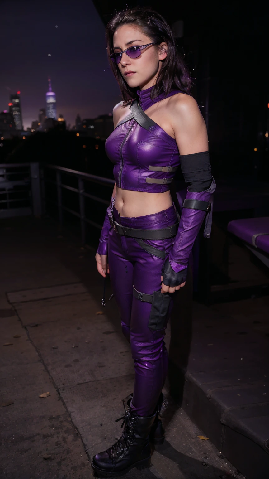(masterpiece), (photorealistic1.4), (1 girl), (solo), (best quality), (epiCRealLife), (Kate Bishop long hair), (sleeveless top), (kateb2023 black utility belt), (kateb2023 purple costume), (purple pants) (kateb2023 purple sleevless bodysuit), (sks woman, Kristen Stewart, white scarf),(white scarf), (kateb2023 purple sunglasses) (bare shoulder), (night time), (kateb2023 wearing black boot), (elbow gloves), (abs), (flash photography), (flashphoto), (outdoor), , (sunset), (wearing black boots), (look at viewers),(light smile), , standing on new york city rooftop), (from side), (city landscape)