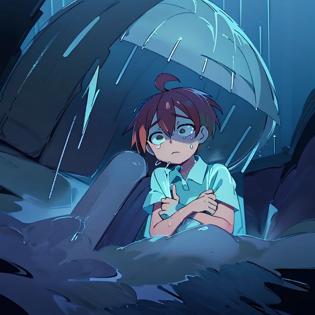 anime, a boy sitting on a ledge in the rain, Tears in the rain, and sad, sad and lonely, emotional image, like tears in the rain at the time of dying, what depression looks like, dark illustration, under the rain, dark faceless people, sad, gloomy and depressed lighting, rainy weather, emotional concept art, he is sad, sadness personified