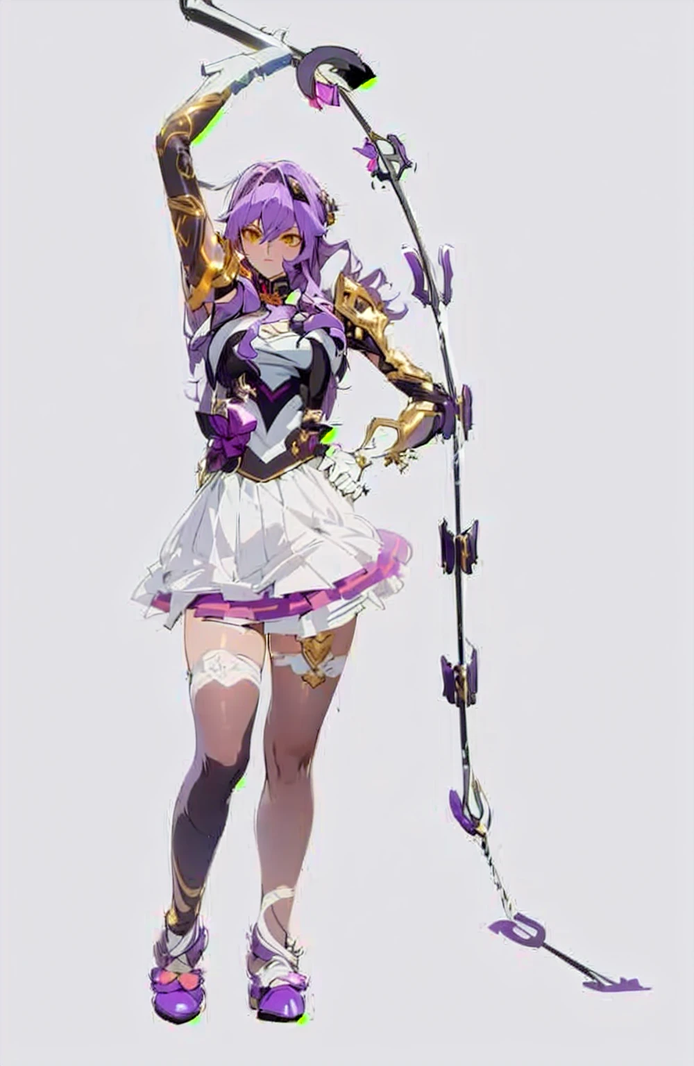 art, 8k, masterpiece, (front), (Sirin), purple_hair, long_hair, medium_breasts, armor, (bodysuit), (greek_clothing), golden accents, glowing_bodysuit, (high_Heels), sexy,  a close up of a woman in a costume holding a pole, juri misaki, yayoi kasuma, knights of zodiac girl, jojo, lunar themed attire, triumphant pose, vi from arcane, sakura kinomoto, a purple and white dress uniform, misato katsuragi, mamimi samejima, katana zero video game character