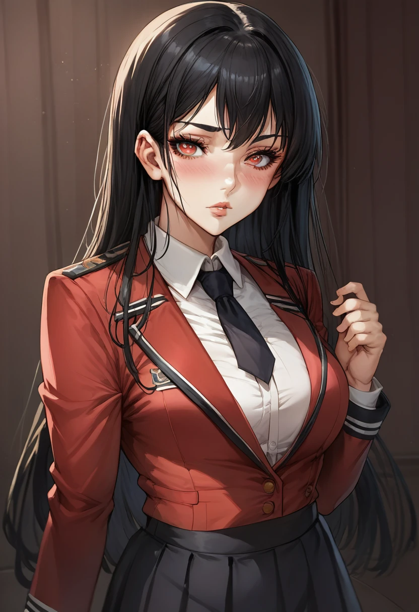 1girl, red blazer, black skirt, academic uniform, black hair, blush, frange émoussée, beautiful detailed eyes, beautiful detailed lips, face, long eyelashes, (best quality,4k,8k), no tie