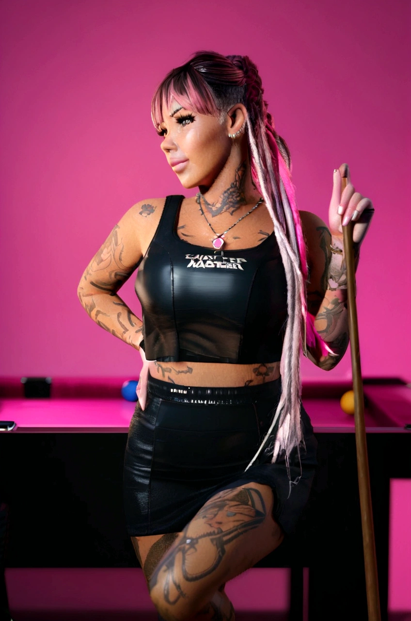 Cartoon character of a woman with pink hair with tattoos on her body, black blouse and black skirt, animation character, stylized character, animation style rendering, 3d stylized, Arnold Maya rendering, Stylized 3D rendering, toon render screenshot, 3d character, 3d character, Stylized 3D rendering, 3D character rendering, cartoon character, Personagem de close up, character posing, (Pixar-style) (master part:1.2) (bokeh) (best qualityer) (skin detailed) (detailed texture) (8K) (Argilla) (cinematic lighting) (sharp focus