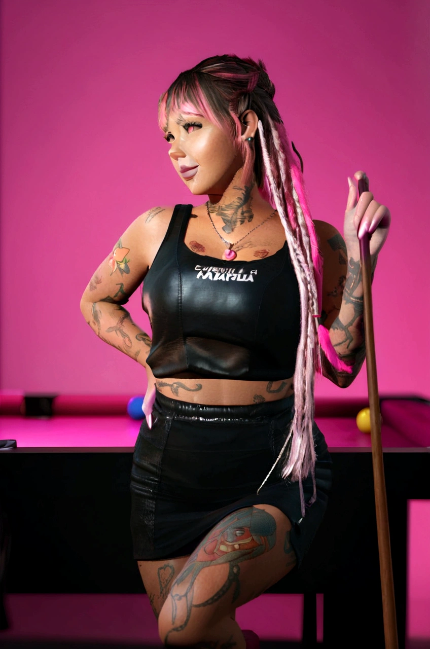 Cartoon character of a woman with pink hair with tattoos on her body, black blouse and black skirt, animation character, stylized character, animation style rendering, 3d stylized, Arnold Maya rendering, Stylized 3D rendering, toon render screenshot, 3d character, 3d character, Stylized 3D rendering, 3D character rendering, cartoon character, Personagem de close up, character posing, (Pixar-style) (master part:1.2) (bokeh) (best qualityer) (skin detailed) (detailed texture) (8K) (Argilla) (cinematic lighting) (sharp focus