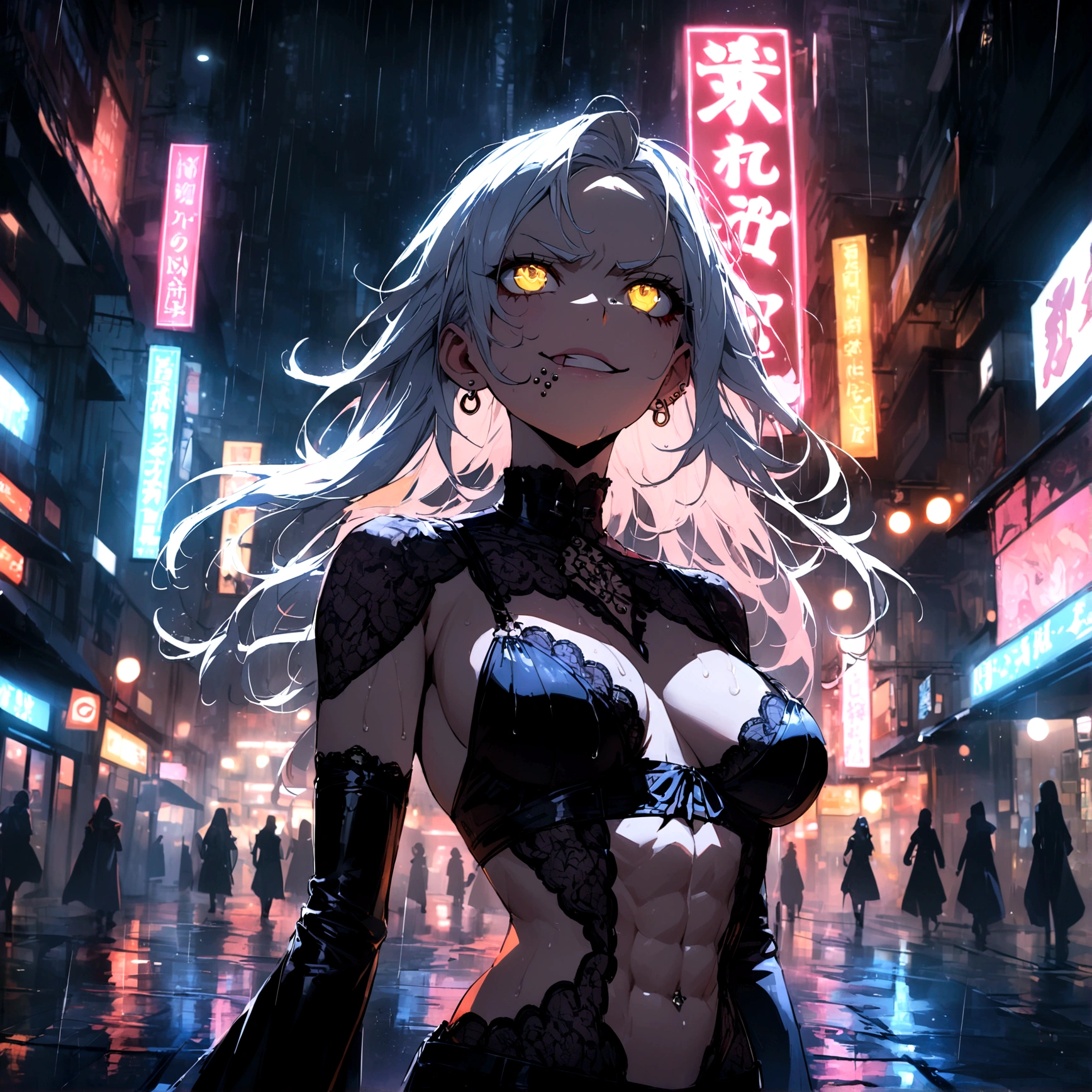 anime women, dark outfit with red and blue details, white hair, (golden dragon eyes) standing in a rain soaked, city street at night, cinematic lighting (best quality:1.2)detailed, neon lights, vivid colors,bokeh, angry looking face with smirk on mouth, piercing, ABS, (looking up), ((face piercing)), gaze, 4k, particles in the air, powers, amazing art work full of details, dynamic movement, lingerie
