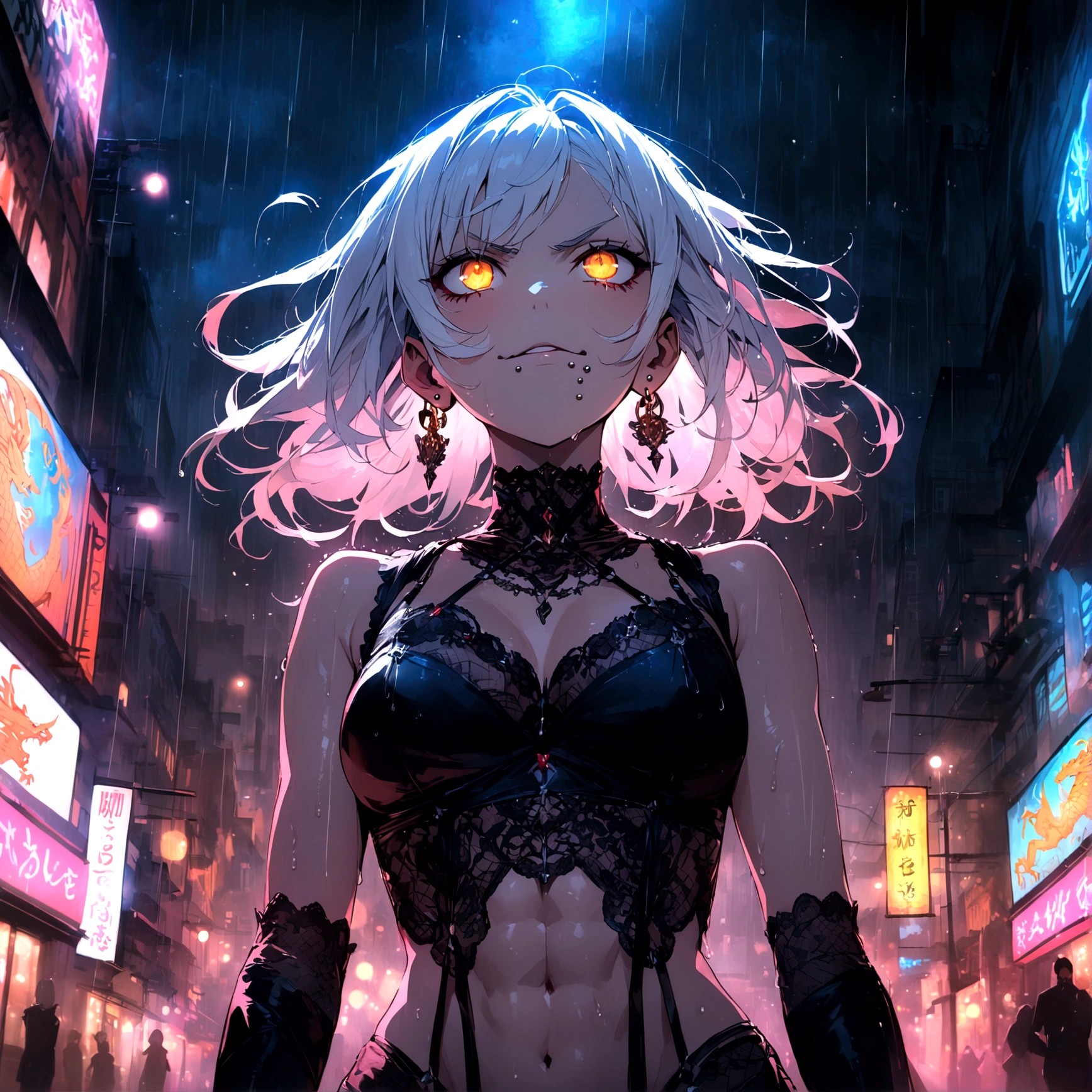 anime women, dark outfit with red and blue details, white hair, (golden dragon eyes) standing in a rain soaked, city street at night, cinematic lighting (best quality:1.2)detailed, neon lights, vivid colors,bokeh, angry looking face with smirk on mouth, piercing, ABS, (looking up), ((face piercing)), gaze, 4k, particles in the air, powers, amazing art work full of details, dynamic movement, lingerie

