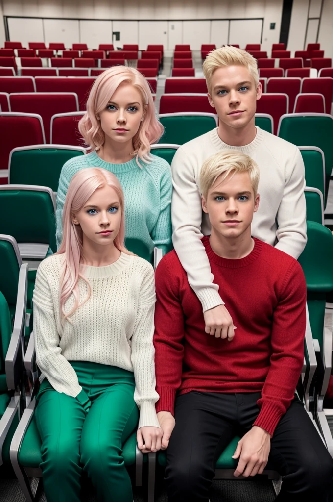 marvel comic white girl , white and pink hair , blue eyes dressed in a red dress and a white boy , blond hair , green eyes dressed in a green sweater and black pants sitting in the auditorium with two with syringes behind the chairs