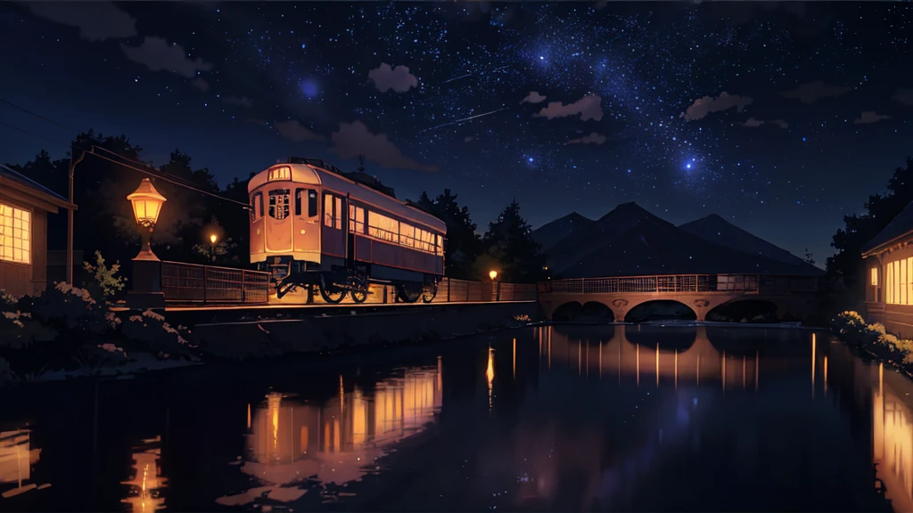 masterpiece, Animated train passing through water on the tracks, Bright starry sky. Romantic Train, Photo by Makoto Shinkai, Pixiv, Concept Art, Lofi Art style, reflection. by Makoto Shinkai, Lofi Art, Beautiful anime scene, Anime scenery, Detailed Landscape — Width 672, in Makoto Shinkai's Style, Makoto Shinkai's Style, Enhanced Details.