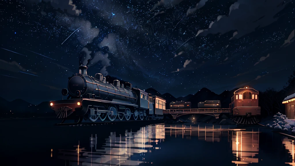 masterpiece, Animated train passing through water on the tracks, Bright starry sky. Romantic Train, Photo by Makoto Shinkai, Pixiv, Concept Art, Lofi Art style, reflection. by Makoto Shinkai, Lofi Art, Beautiful anime scene, Anime scenery, Detailed Landscape — Width 672, in Makoto Shinkai's Style, Makoto Shinkai's Style, Enhanced Details.