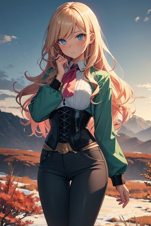 Illustration of a young, female teacher in an anime style. She has long, wavy blonde hair with pink highlights, wearing a light blue, ruffled blouse and a black corset over skinny tight jeans the color of a dark green. She is wearing black riding boots. Her expression is serious and slightly surprised. She has blue eyes and extends her hand forward holding a blue book with golden characters on the cover. The background shows a landscape transitioning from autumn to winter, with trees bearing both colorful autumn leaves and frosty branches, under a chilly, overcast sky.
