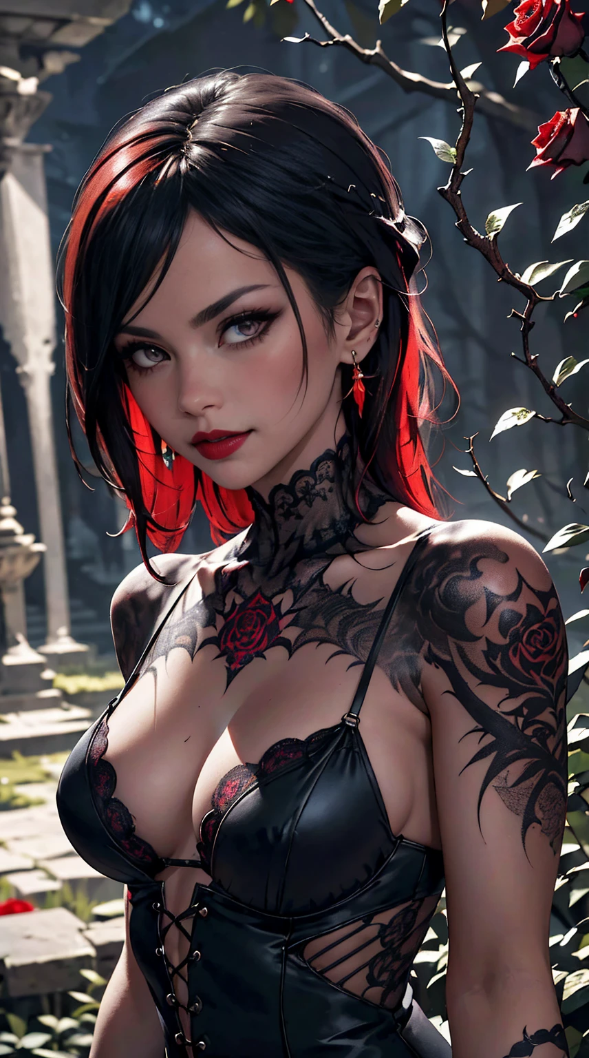 (best quality,highres),dark and mysterious,gothic art style,red and black color palette,dramatic lighting,an eerie garden setting,glimmering moonlight, busty, delicate lace panties (sheer), ultra details,detailed engravings on the earrings and piercing,roses and thorns intertwined,vibrant red lipstick,sharp fangs,playful expression,tattoos on her arms and neck,spider web motifs in the background