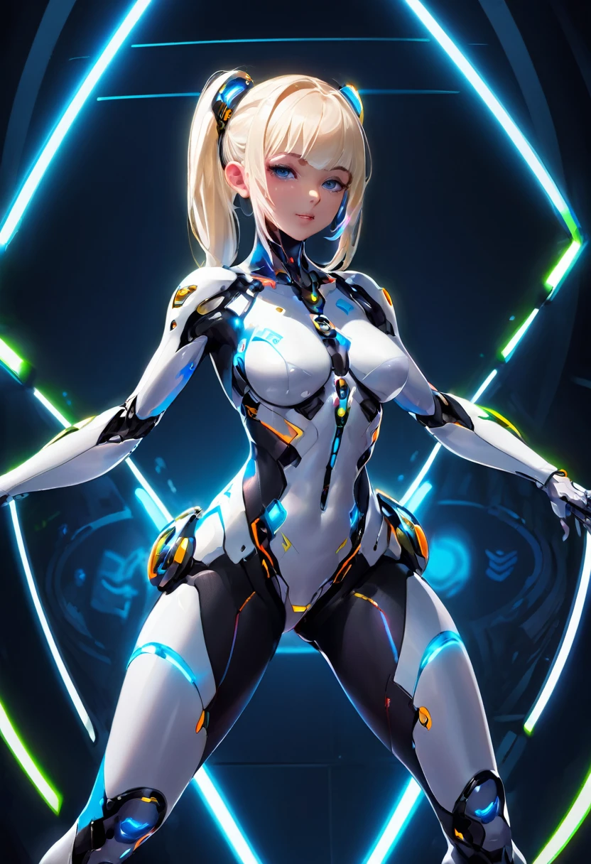 a full body shot of a blonde girl in a full body futuristic suit, dicke smooth , Neon edges on the underside of the body, extremely detailed skin, smooth ,,, wlop shiny skin, cyberpunk oppai, cyborg tech on body and legs, translucent neon skin, gynoid cyborg body, long white hair, galactik footballstyle,  , stands in front of a hologram, flying ball over hands