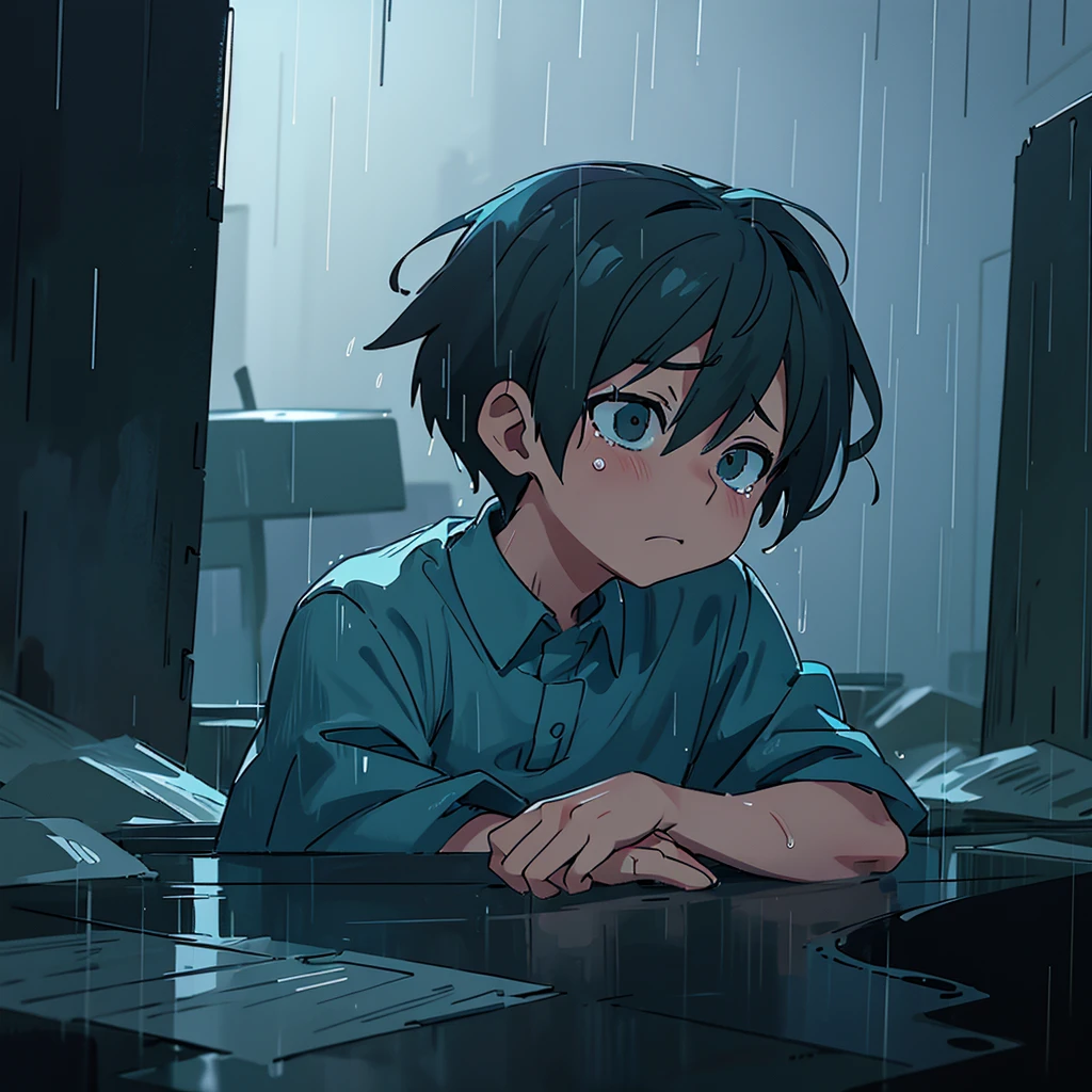 anime, a boy sitting on a ledge in the rain, Tears in the rain, and sad, sad and lonely, emotional image, like tears in the rain at the time of dying, what depression looks like, dark illustration, under the rain, dark faceless people, sad, gloomy and depressed lighting, rainy weather, emotional concept art, he is sad, sadness personified