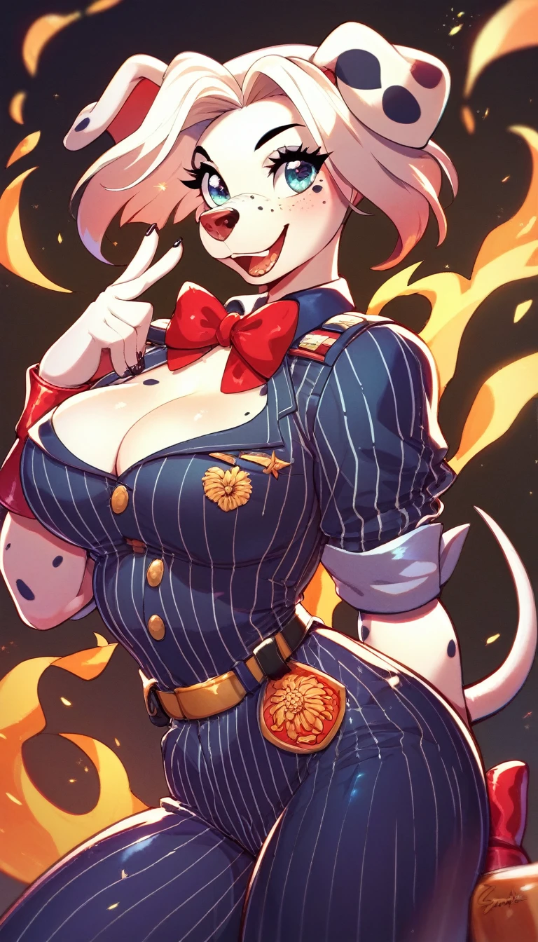 A (((the anthro dalmatian goddess of fire))), with sleek (((white fur))) and ((black pinstripe dots)), dressed in a (((sexy fire fighters uniform))), complete with a (small, cute red bow tie) and a (((extremely long, wavy, shiny white hair))), set against a (sun light backdrop), with a soft, diffuse (dim light) that highlights her shiny, intricate features, including (freckles) that contrast against the (anthro dalmatian's dark, luxurious fur), hourglass voluptuous body