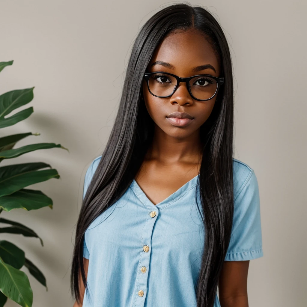 black girl,straight hair, black glasses, tiny round face, duck lips