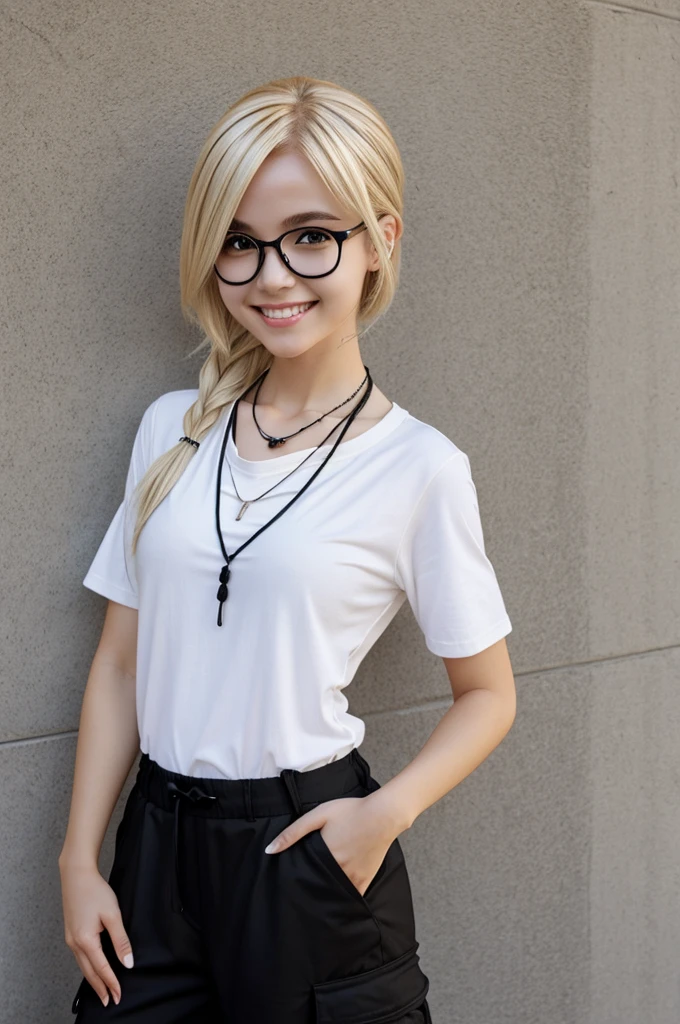 Create a female anime character, the character has white skin, black glasses, black t-shirt with a large necklace, black cargo pants, Blonde hair and happy face from Roblox