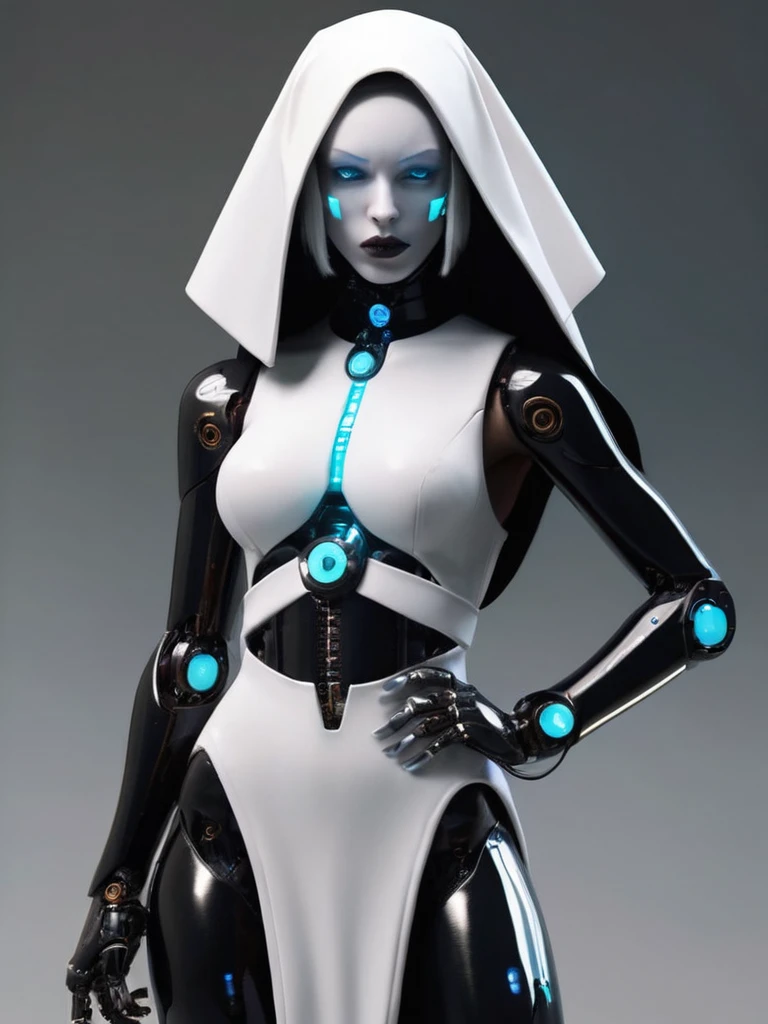 ral-opal, meahophontron, full body, woman robot cyberpunk face, devil nun, negro, looking at camera, body nun clothes