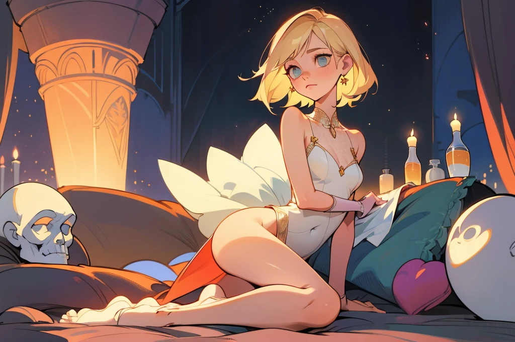 femme aux cheveux blond semi-long、Un débardeur ample et un short、assis dans son lit、Jambes nues、Elle me regarde avec ses mains entre ses cuisses fines, elle est coucher sur son lit, dans une chambre modern et chaleureuse
