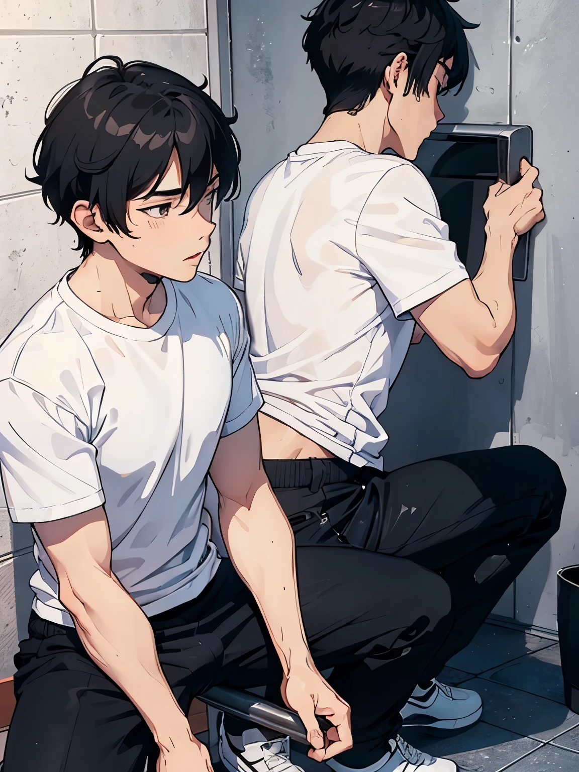 A 20-year-old man squatting and licking his penis、Lower abdomen of middle-aged men、Blowjob、Back view、White T-shirt and black pants、A dark and suspicious toilet at night、