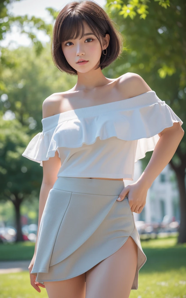 a highly detailed 8k CG render of a 20-year-old girl with short hair in a crowded park, off-the-shoulder shirt, skirt flipping up by herself revealing white panties, blushing, parting her lips, half-body shot, masterpiece, extremely detailed, photorealistic, ultra-realistic, HDR, studio lighting, vibrant colors, bokeh