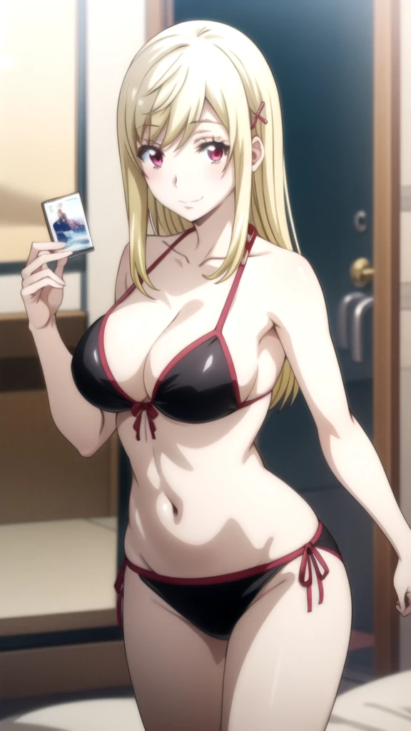 anime girl in a black bikini with long hair and big breasts, seductive anime girl, beautiful seductive anime , oppai, beautiful and seductive anime woman, erza scarlet as a real person, female anime character, Best Anime Girl, wears a bathing suit, With big breasts, attractive anime girl, oppai proportions, in an anime, (anime girl) Yamada mocking smile_yellow, 1chica , by rubio, alone, wide, hair ornament, , smile, bow, red eyes my dress darling anime, beautiful seductress anime anime