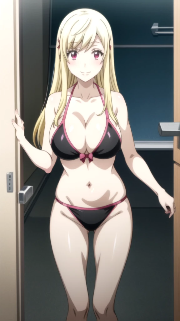 anime girl in a black bikini with long hair and big breasts, seductive anime girl, beautiful seductive anime , oppai, beautiful and seductive anime woman, erza scarlet as a real person, female anime character, Best Anime Girl, wears a bathing suit, With big breasts, attractive anime girl, oppai proportions, in an anime, (anime girl) Yamada mocking smile_yellow, 1chica , by rubio, alone, wide, hair ornament, , smile, bow, red eyes my dress darling anime, beautiful seductress anime anime