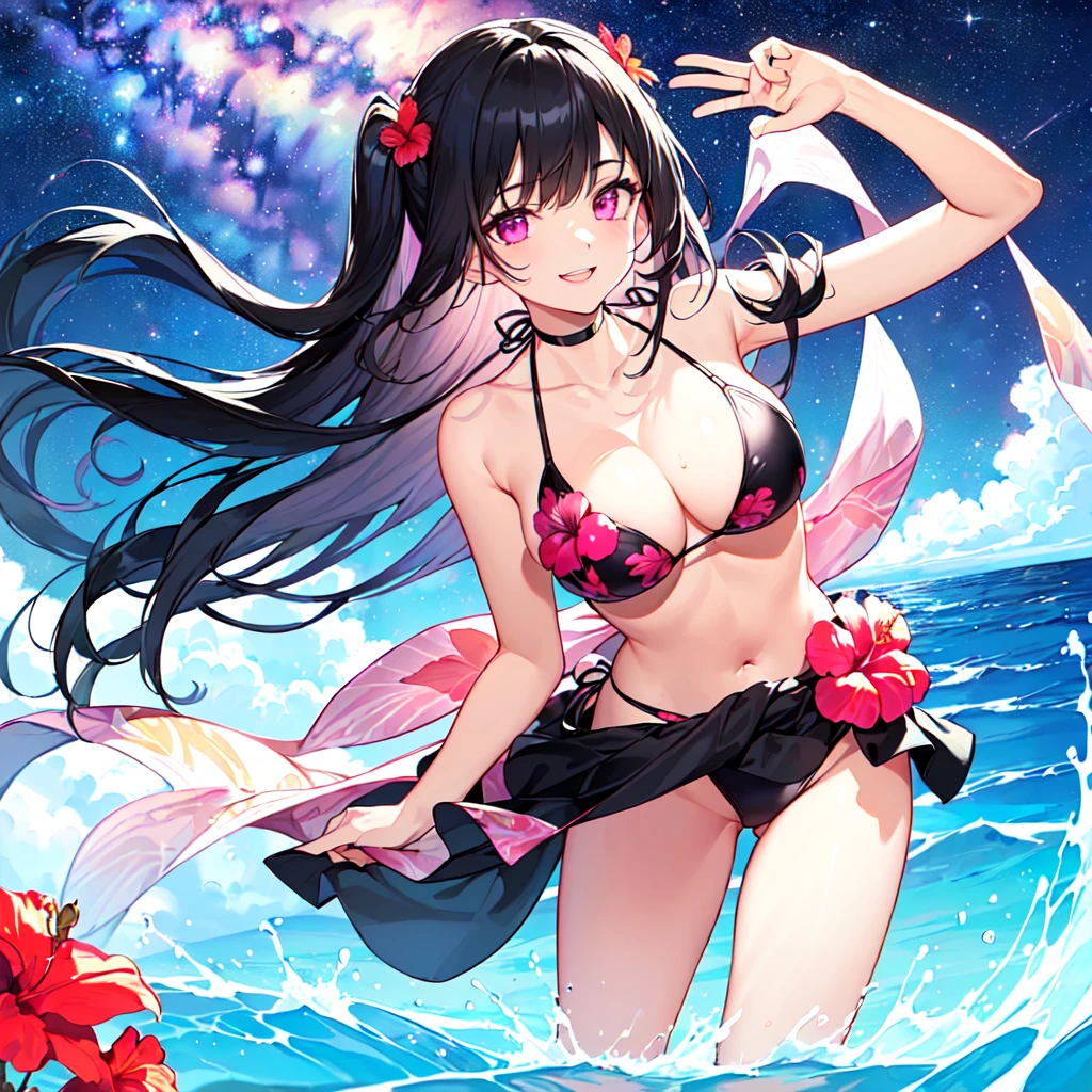 masterpiece, best quality, high quality, extremely detailed, very delicate and beautiful, (1 female 18 years old solo:1.5), (long black hair up to waist with two side up:1.5), bangs to eyebrows, eyes (eyes sharp, strong glossy glossy eyes, eyebrows glossy, (eye color magenta:1.3), 6.5 head height, (bikini swimsuit with hibiscus print:1.3), (floating on back in sea), (smiling), (dynamic pose), (background tropical sea:1.3), (Milky Way Night Sky: 1.3)