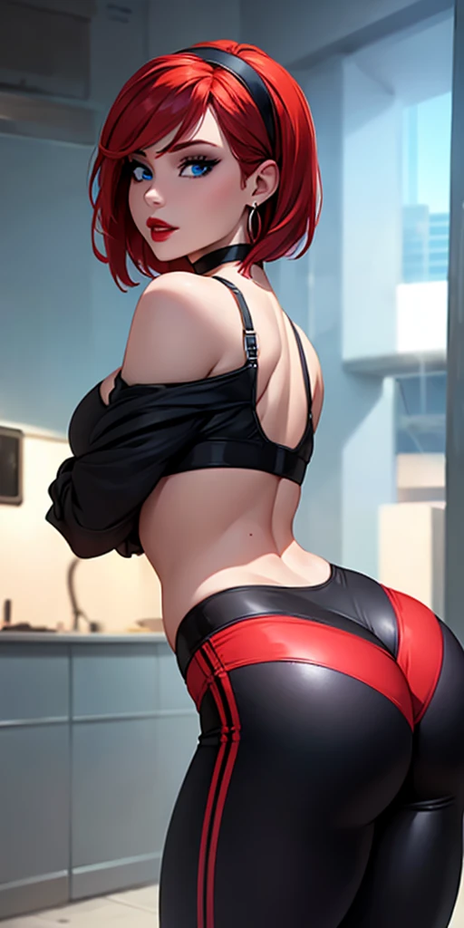 1 beautiful woman, 20 years, pale white skin (very detailed and delicate skin), bright blue eyes (vampire eyes) (very detailed and expressive eyes), black and red hair, short hair, perfect body, perfect abdomen, perfect round , make up, Red lips, delicate earrings, delicate neck, choker, hair band, look at the viewer, white sports bra, black jacket, tight sports pants, pose , in the city, (best quality, ultra -detailed, photorealistic: 1.39 ), bright and vibrant colors, studio lighting, romantic expression, 