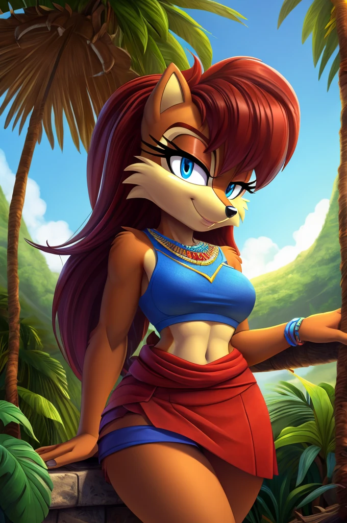 sonic (series), 1girl, anthro chipmunk girl, female mobian, mobian, blunt bangs, short auburn hair, blue eyes, (brown fur:1.3), aztec clothes, aztec skirt, jungle biome, aztec piramid, outline, Intricate Details, Masterpiece, Best Quality, High Quality, Studio Quality, Best Detail, Perfect Detail, Refine Detail, Sally Acorn 