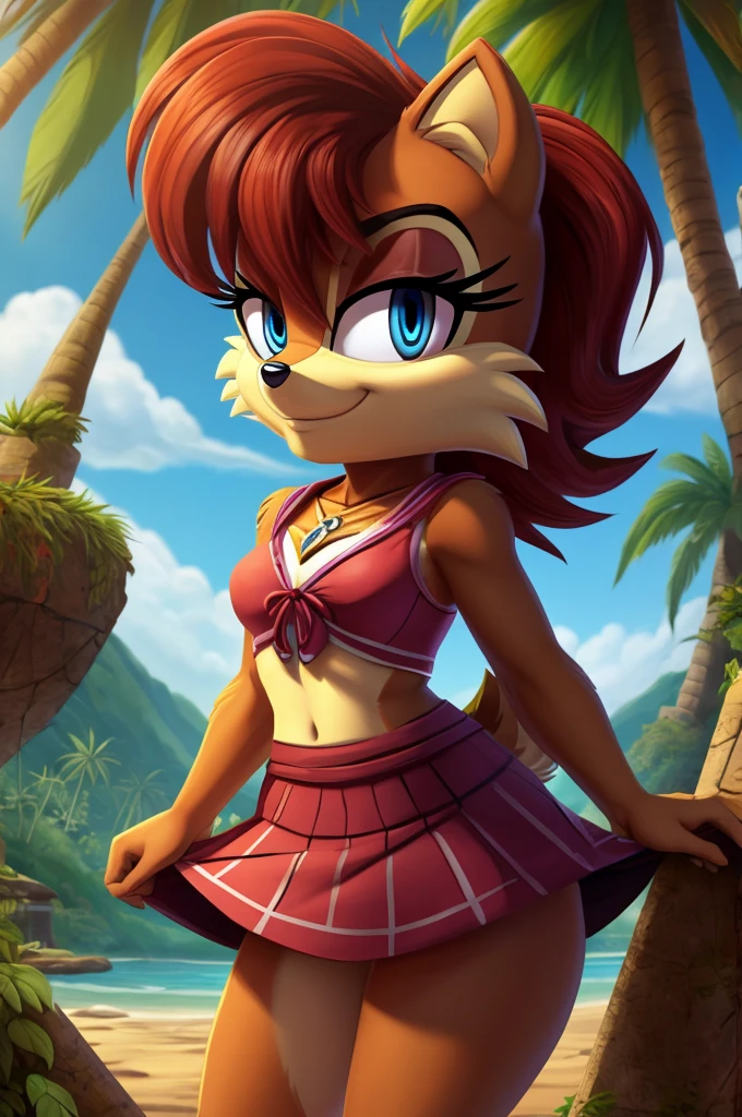 sonic (series), 1girl, anthro chipmunk girl, female mobian, mobian, blunt bangs, short auburn hair, blue eyes, (brown fur:1.3), aztec clothes, aztec skirt, jungle biome, aztec piramid, outline, Intricate Details, Masterpiece, Best Quality, High Quality, Studio Quality, Best Detail, Perfect Detail, Refine Detail, Sally Acorn 