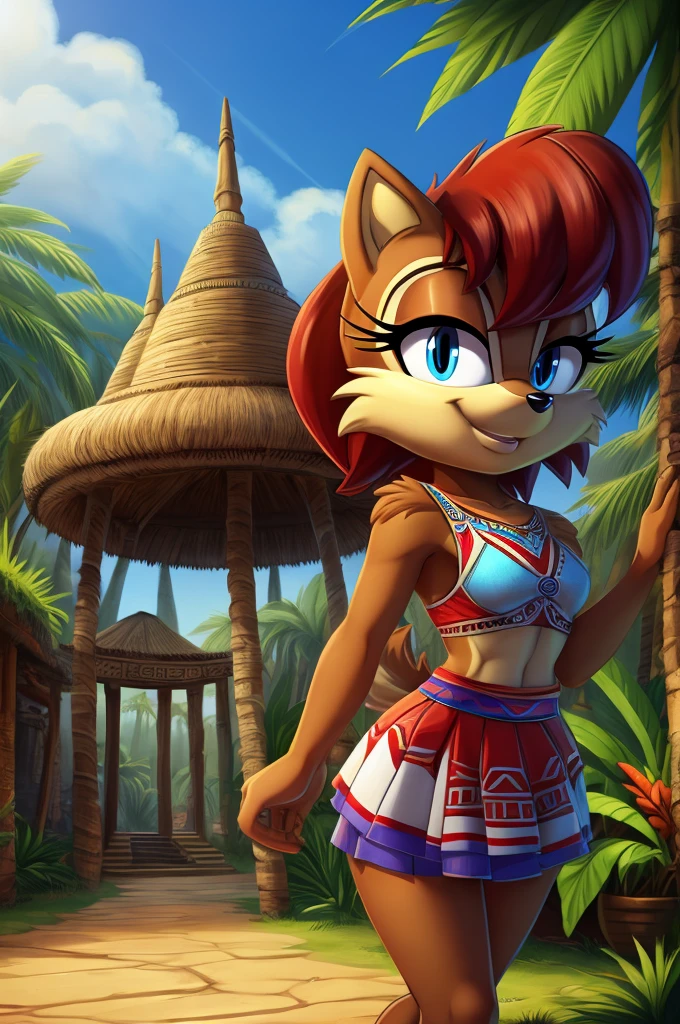 sonic (series), 1girl, anthro chipmunk girl, female mobian, mobian, blunt bangs, short auburn hair, blue eyes, (brown fur:1.3), aztec clothes, aztec skirt, jungle biome, aztec piramid, outline, Intricate Details, Masterpiece, Best Quality, High Quality, Studio Quality, Best Detail, Perfect Detail, Refine Detail, Sally Acorn 