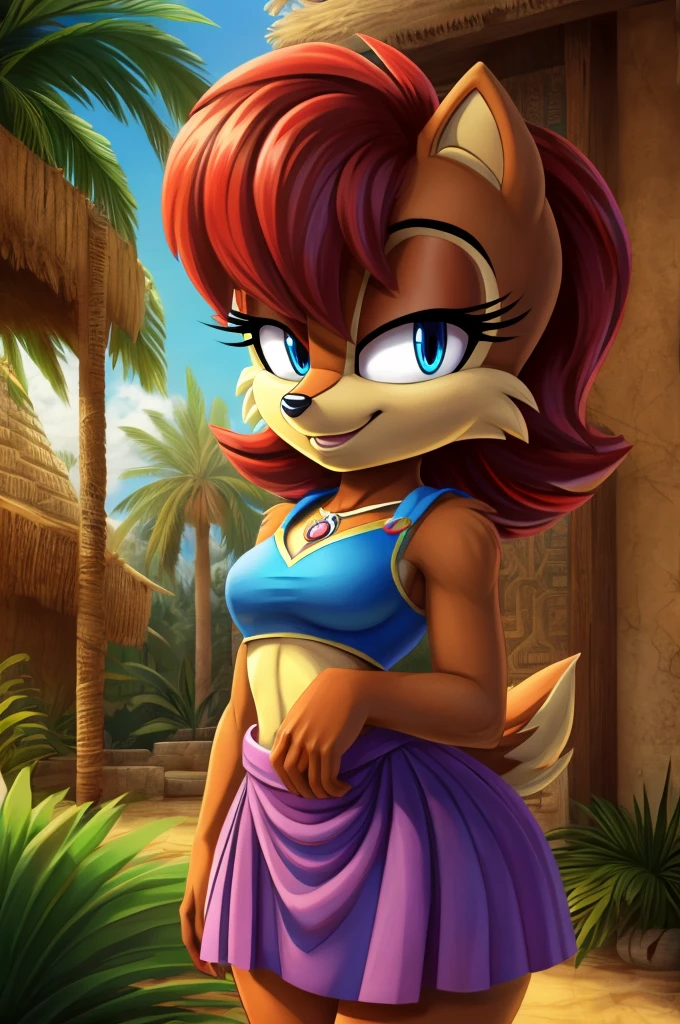 sonic (series), 1girl, anthro chipmunk girl, female mobian, mobian, blunt bangs, short auburn hair, blue eyes, (brown fur:1.3), aztec clothes, aztec skirt, jungle biome, aztec piramid, outline, Intricate Details, Masterpiece, Best Quality, High Quality, Studio Quality, Best Detail, Perfect Detail, Refine Detail, Sally Acorn 