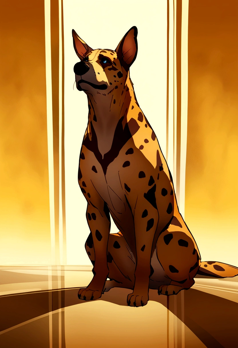 Create realistic images of caramel dogs,Its fur is very short,Looking straight ahead with naughty eyes. The background is abstract,Available in different shades of brown. Brown spots in the background blend smoothly with yellow shadows.